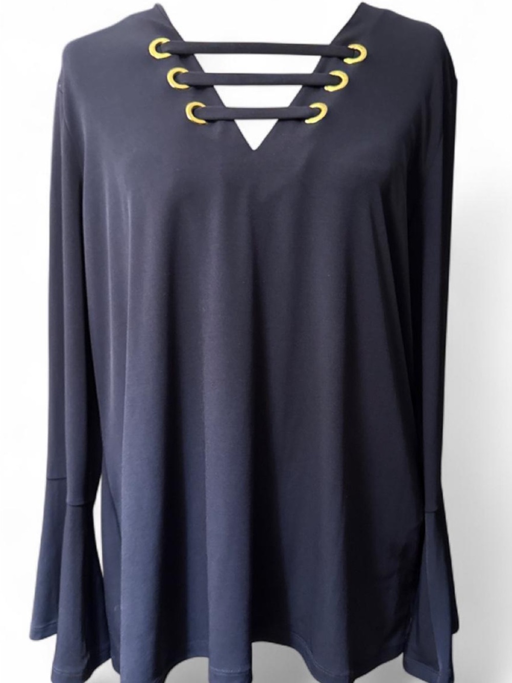 Michael Michael Kors Navy Long-Sleeve V-Neck Top with Gold Eyelet Detail